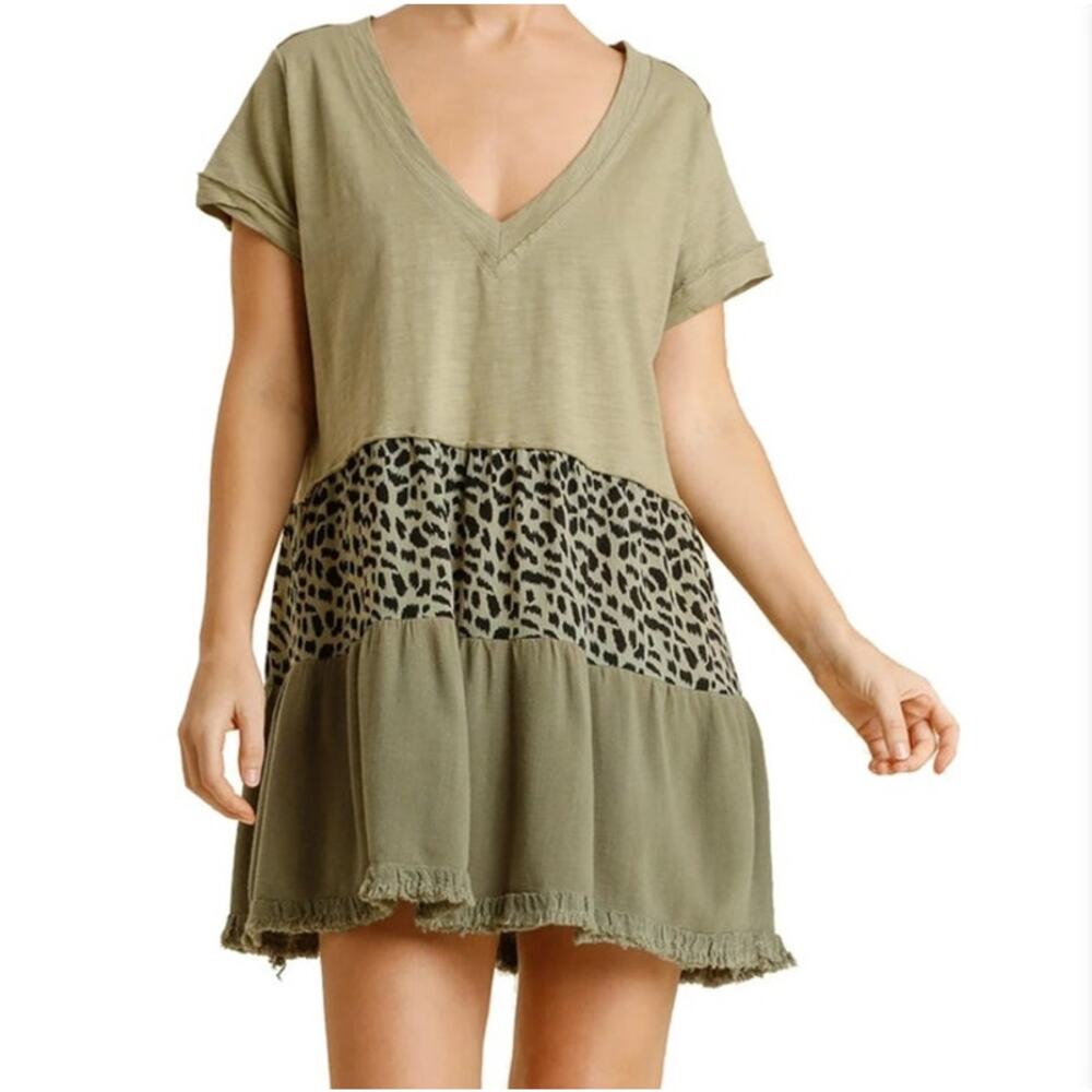 UMGEE Olive Leopard Print Mixed Fabric Slub Dress / Tunic XL Cotton Linen Boho